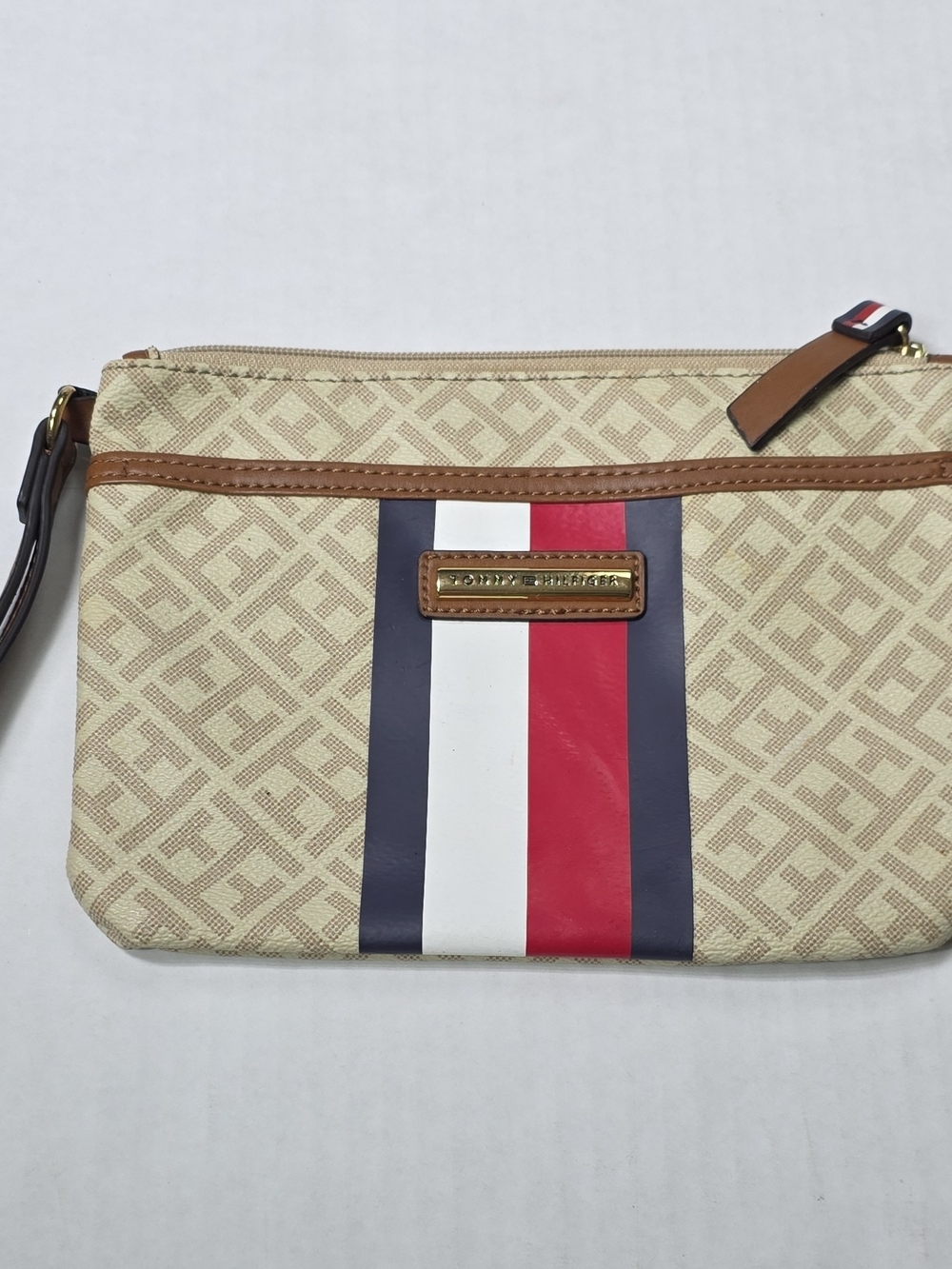 Tommy Hilfiger Beige Monogram Wristlet with Red, White & Navy Stripe